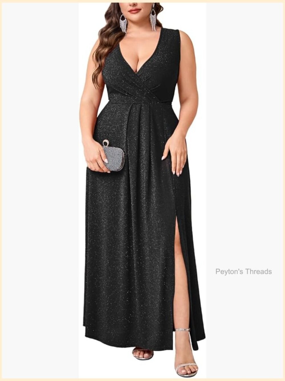 Plus Size Sparkly Glitter Formal Maxi A Line Dress Wrap V-Neck Sleeveless Prom